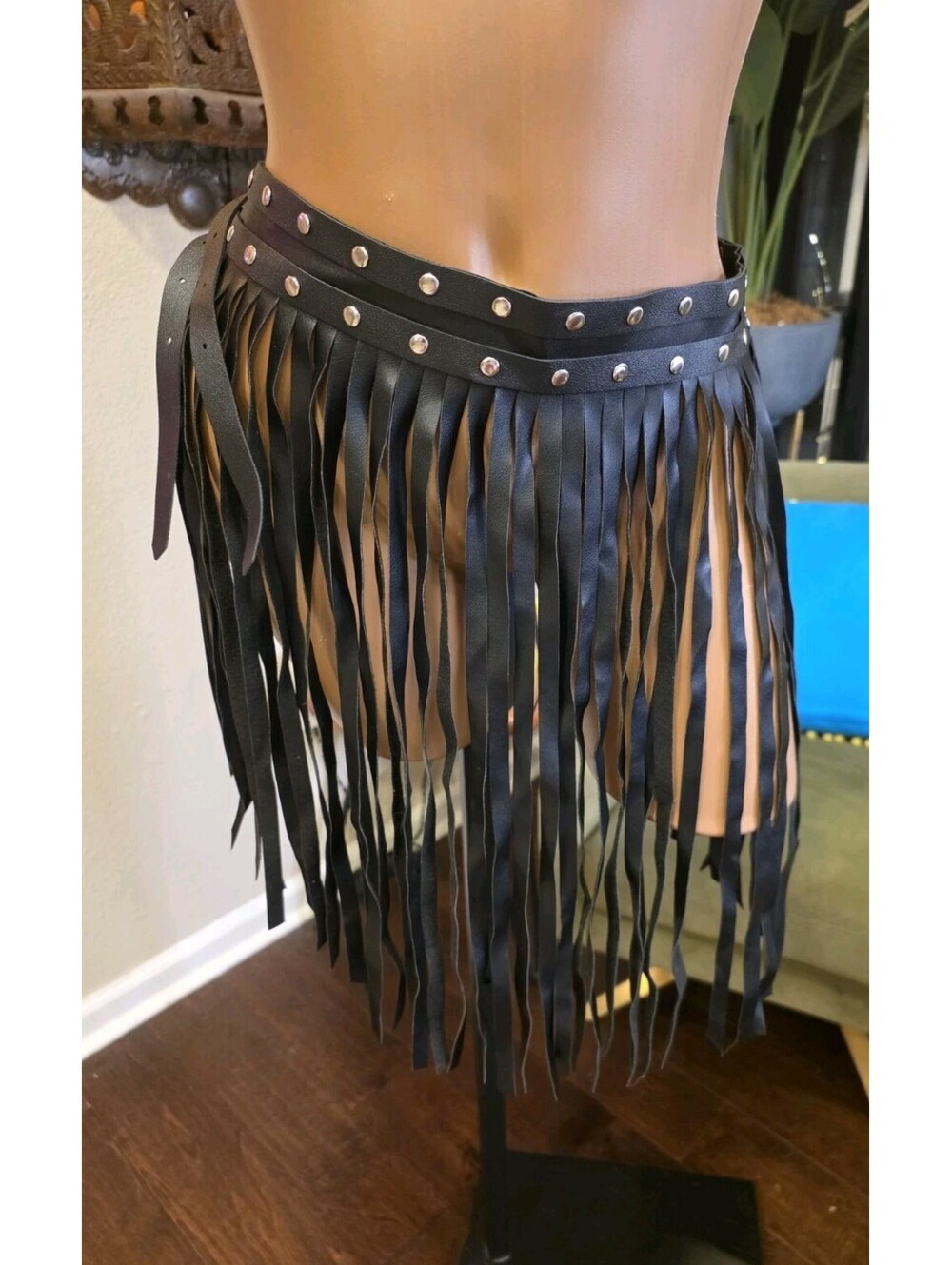 Unbranded Black Faux Leather Fringe Skirt Belt Studded Festival Tassel S/M